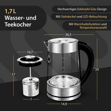 Impolio Wasser-/Teekocher Glas Wasserkocher mit Temp.-Einstellung, Teesieb & TÜV Süd GS-Zert., 2200 W