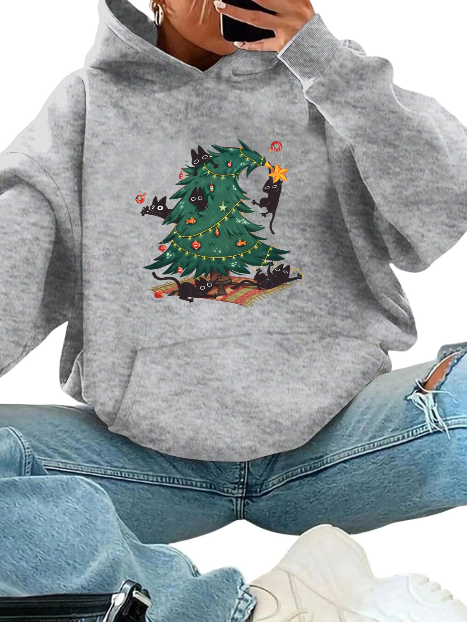 PYLIKE Kapuzenpullover Fleece-Kapuzenpullover Damen: mit KapuzeTasche,Weihn günstig online kaufen