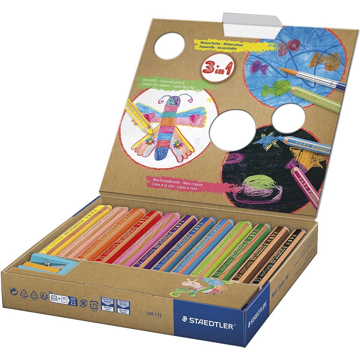 STAEDTLER Buntstift Noris® junior, (12-tlg), 3in1 (Bunt-/ Wachs-/ Aquarellstift), im Kartonetui inkl. Spitzer