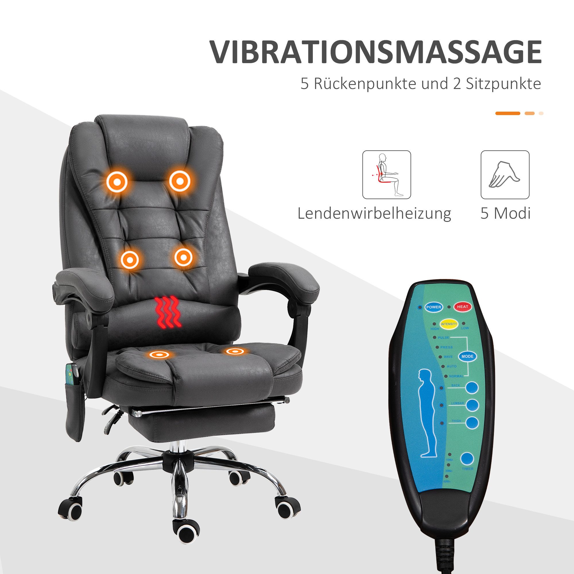 Vinsetto Schreibtischstuhl Bürostuhl mit Massagefunktion, Liege- & Wärmefunktion, Fußstütze (Computerstuhl, 1 St), höhenverstellbar, Blau – Bild 4 von 5