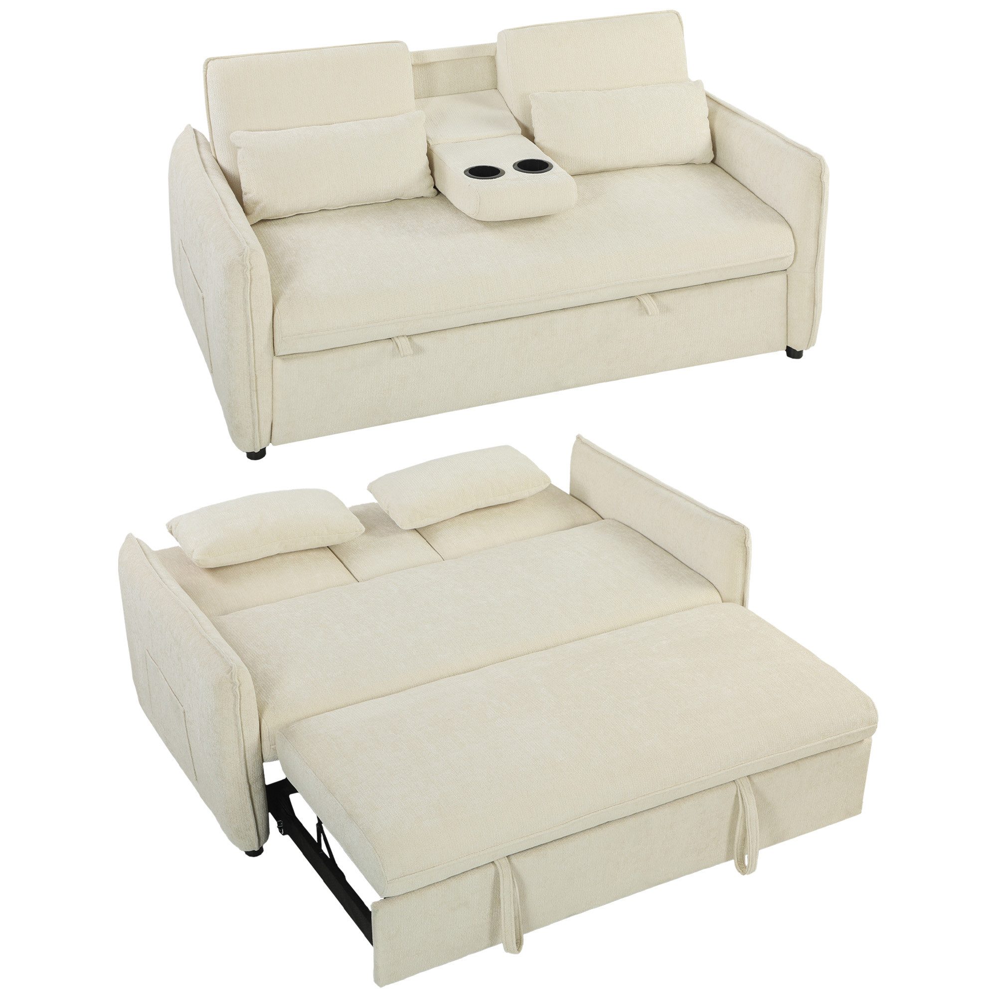 HOMCOM Schlafsofa, Ausziehbar Schlafcouch 1 Teile, für Wohnzimmer, kleinen Raum, Beige