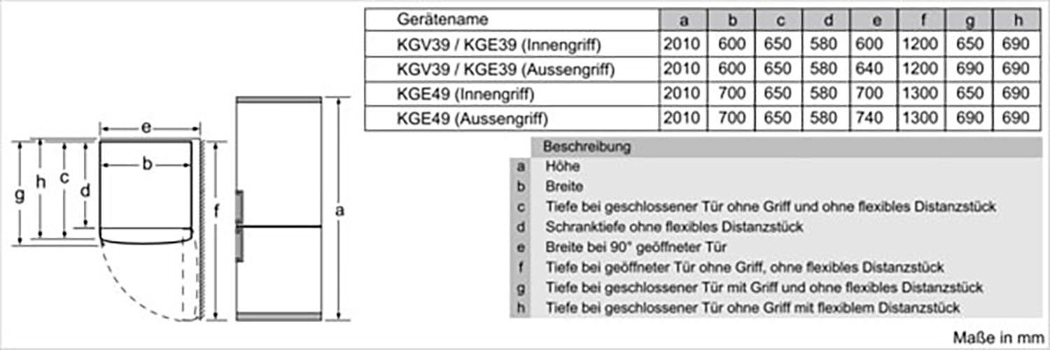 KG39E4LBA, SIEMENS hoch, Kühl-/Gefrierkombination cm breit cm 201 60