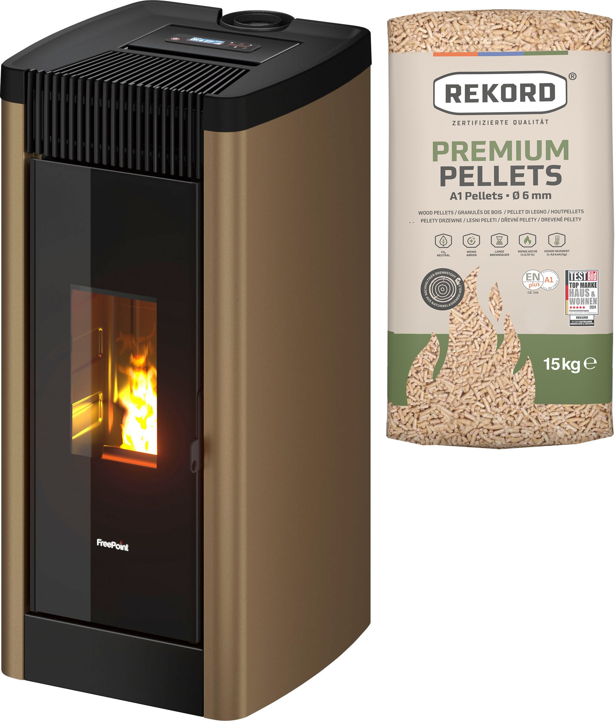 Freepoint Pelletofen Steel 9 Metall light bronze, 9,5 kW, Zeitbrand, Integriertes Wi-Fi, AIRTIGHT Dichtes Verbrennungsraum