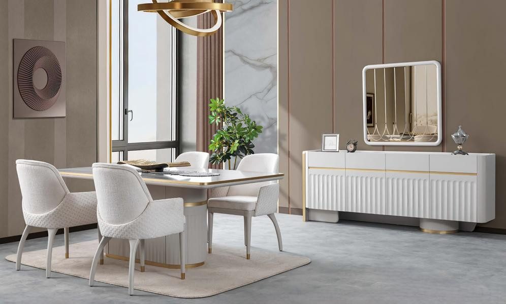 JVmoebel Esszimmer-Set Esszimmer Set Esstisch 4x Stühle Sideboard mit Spiegel Holz Essgruppe, (7-St., 7tlg. Esszimmer Set (Esstisch + 4x Stühle + Sideboard + Spiegel), Made in Europa