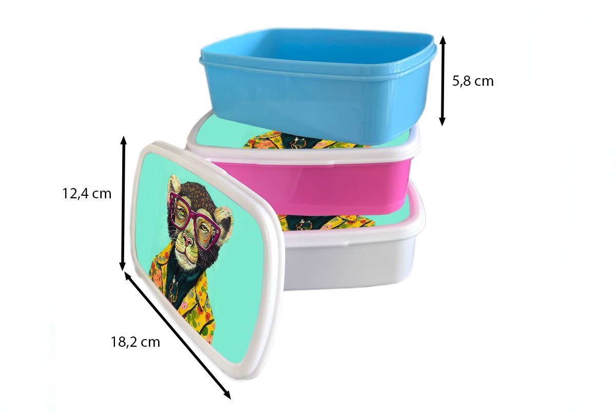 MuchoWow Lunchbox Design - Tiere, Kunststoff - für Erwachsene, Brotbox Snackbox, (2-tlg), Kunststoff, - Affe Brotdose Mädchen, Kinder, - Rosa Brille