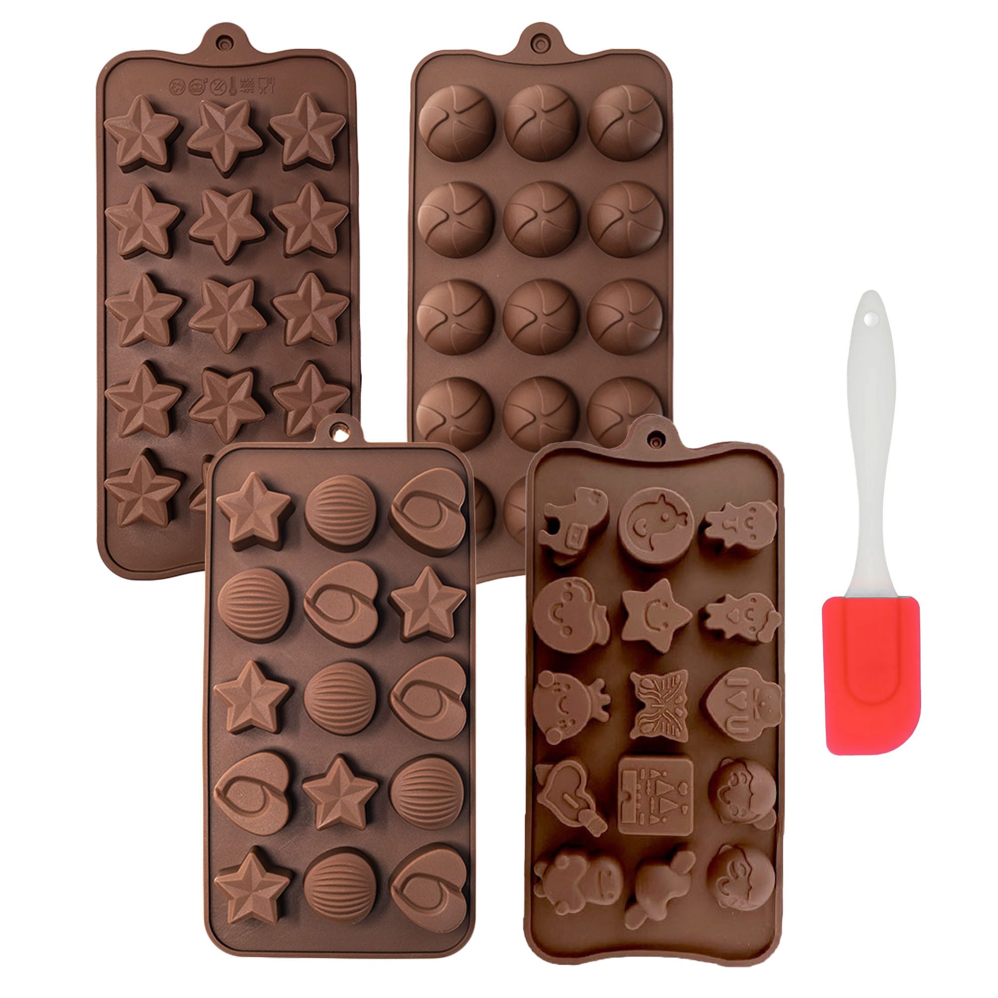 mixed24 Pralinenform 5er Silikon Backformen Pralinenformen inkl. Teigschaber, (Set 5-tlg), Eiswürfelformen Gummibärchen Schokoladenformen Silikonformen