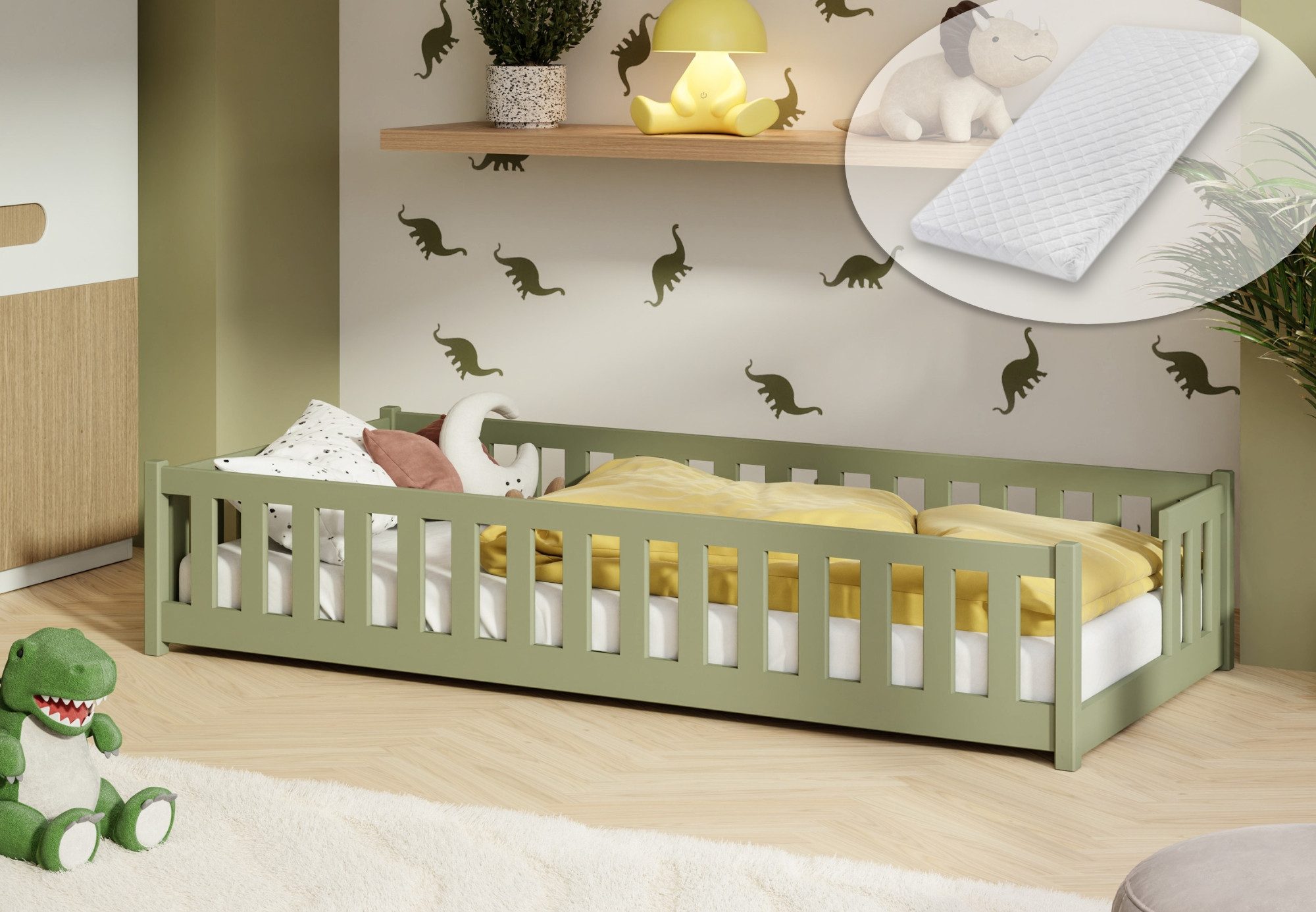 Kids Collective Kinderbett Bodenbett mit Rausfallschutz & Lattenrost Montessori Betten Kinder (Verfügbare Größen: 80 x 160, 80 x 180, 90 x 190, 90 x 200, 120 x 200, 140 x 200 cm), Jugendbett Einzelbett Kiefer mit Matratze Olivgrün 90x200 cm