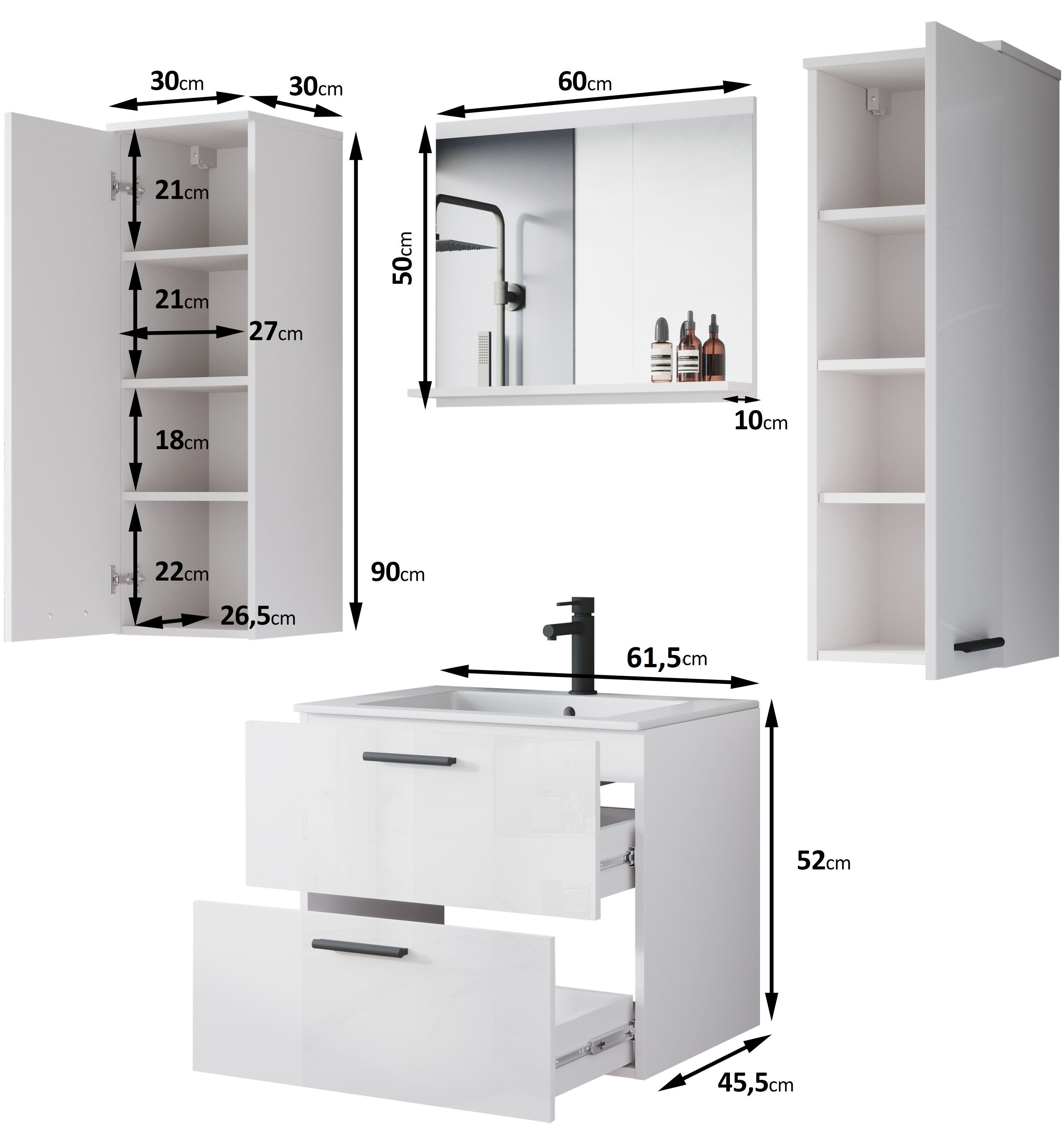 welltime Badmöbel-Set PILA, (Set, 4-St), Badmöbel 4-teilig, verstellbare Einlegeböden, Schubladen