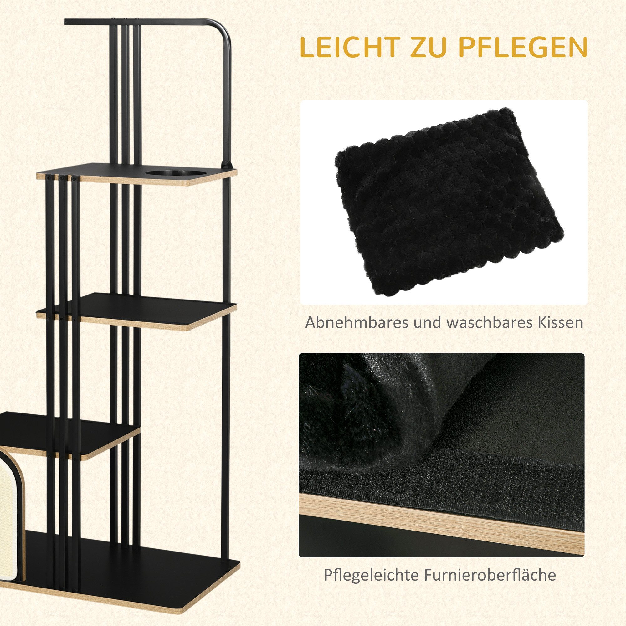 PawHut Kratzbaum mehrstöckiger Katzenbaum mit Kissen, Kratzbrett, mit 3 Plattformen, 48B x 85L x 170H cm – Bild 5 von 5