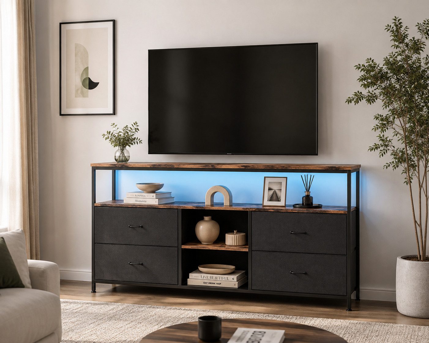 Simurq TV-Schrank TV-Schrank,TV-Ständer mit faltbaren Schubladen und Regalen,mit LED (3 Ablage, 4 Schubladen, Industrie-Stil) 1er Set, mit LED