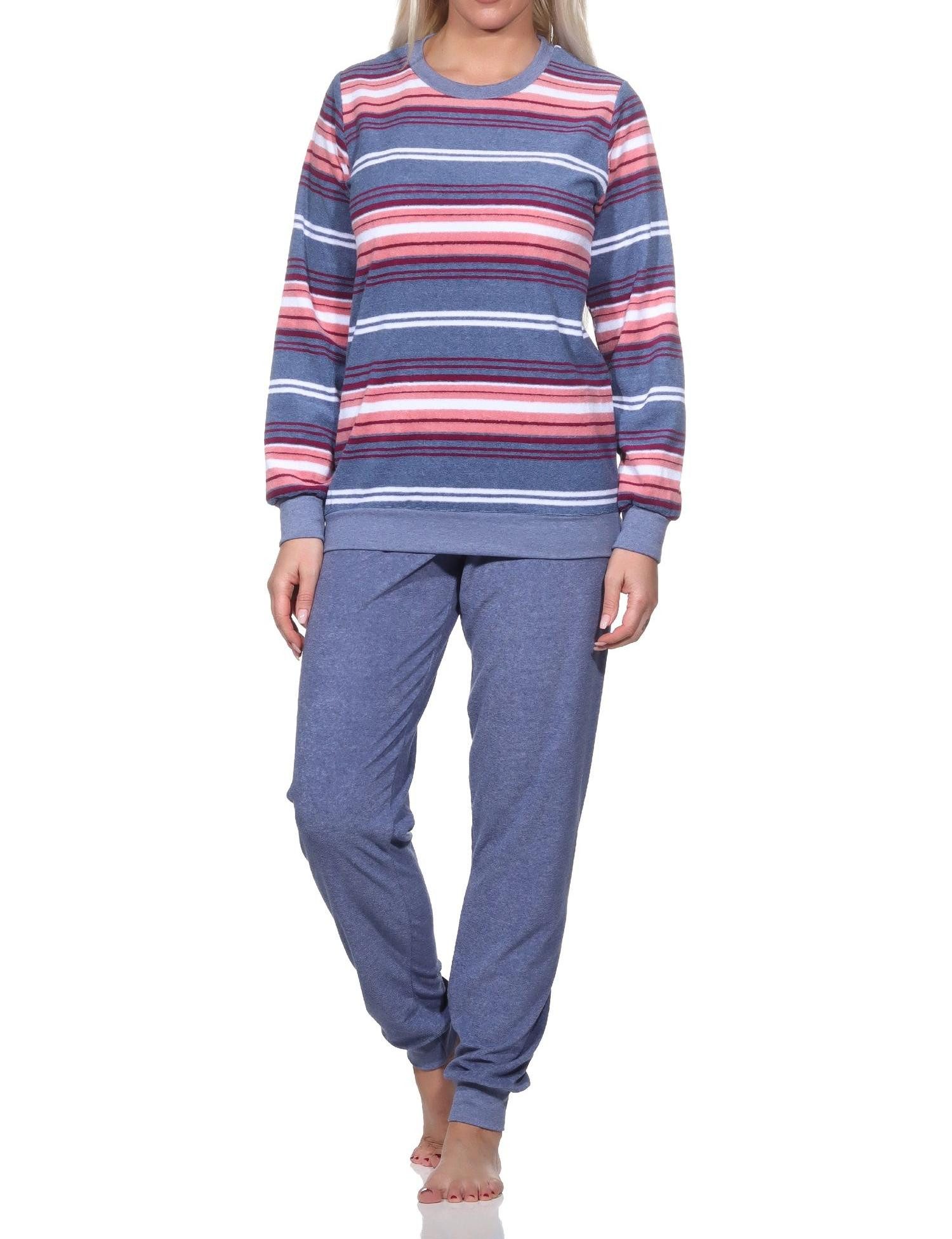 Pyjama Damen Frottee Schlafanzug mit Bündchen in elegantem Streifendesign