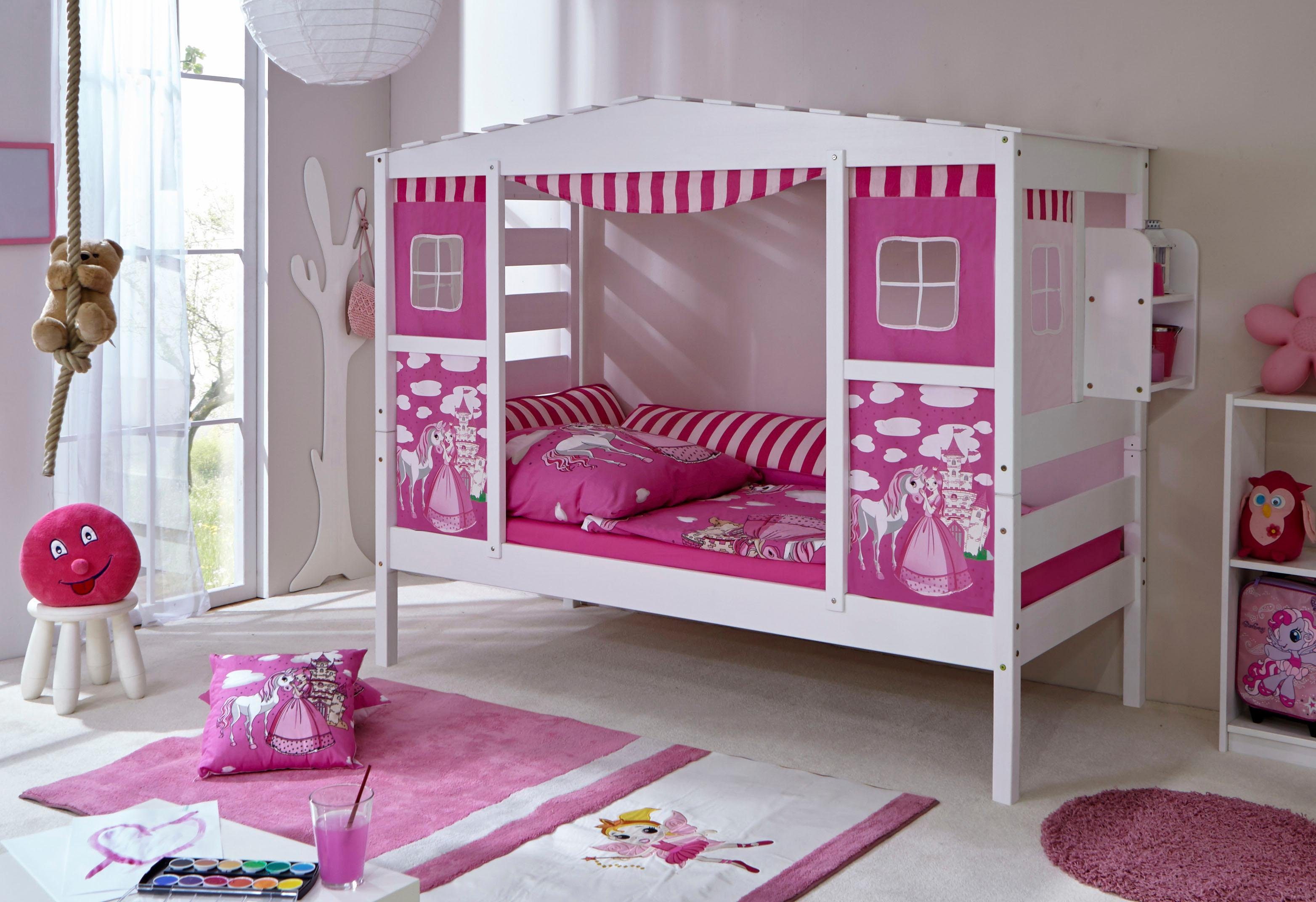 Kiefer Hausbett »Prinzessin« Ticaa Kinderbett massiv Lio, weiß gewachst-Textil-Set