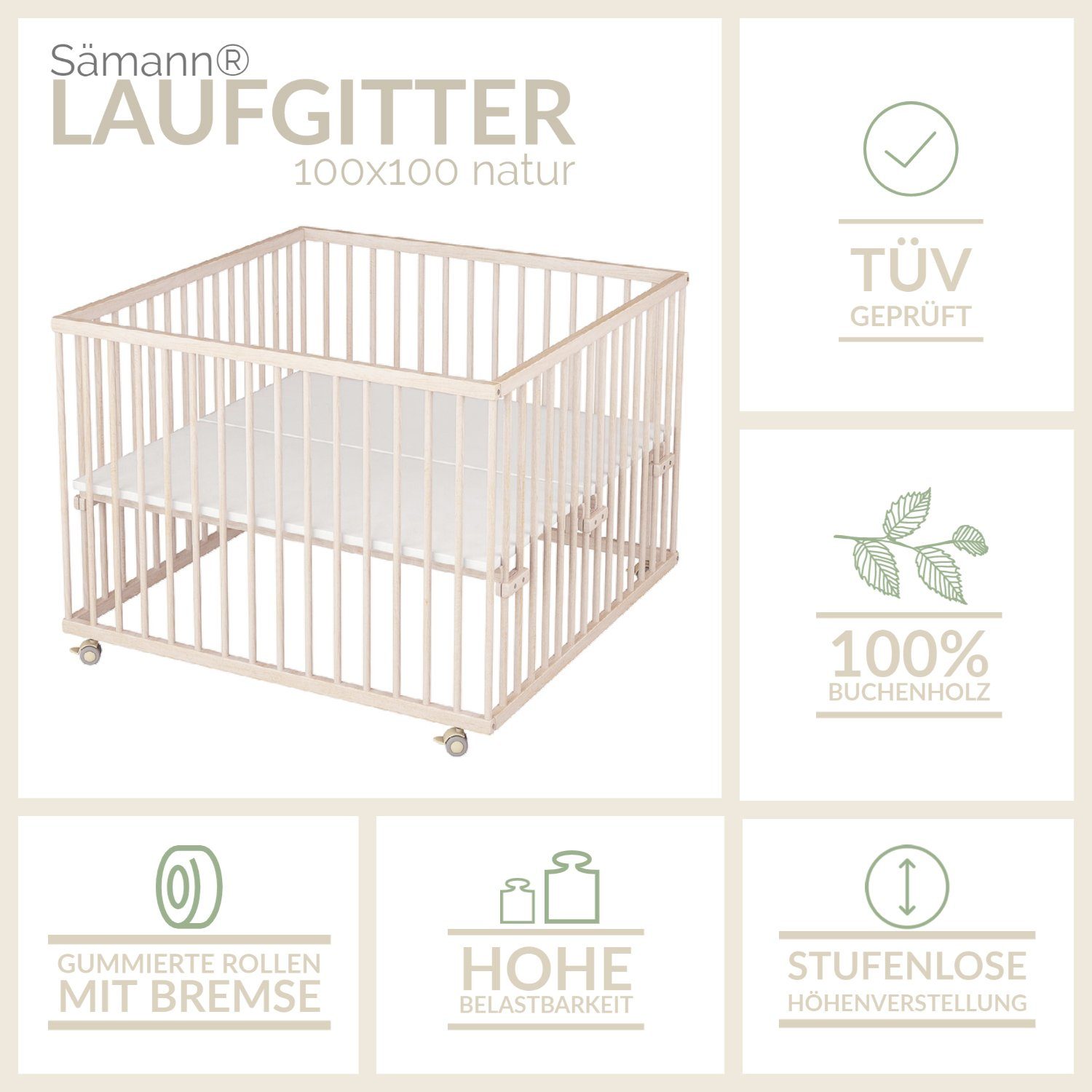 höhenverstellbar mit Laufgitter Sämann TÜV 2021, 100x100 natur geprüft stufenlos Matratze, cm