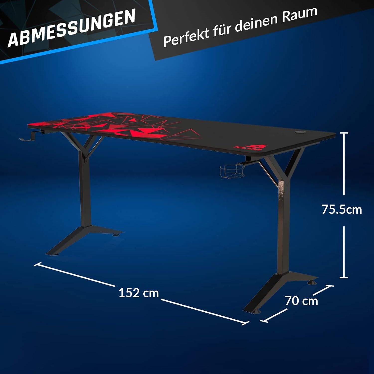 KLIM Gamingtisch K152, ‎152 x 75 cm, Getränkehalter und Headset Haken, Gaming Schreibtisch