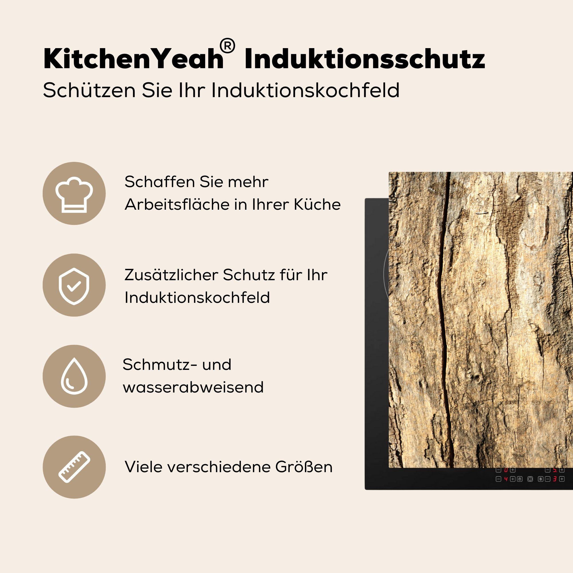 MuchoWow Herdblende-/Abdeckplatte Arbeitsplatte 78x78 Baumrinde Vintage, küche (1 - Vinyl, Ceranfeldabdeckung, cm, - für Holz Design - tlg)