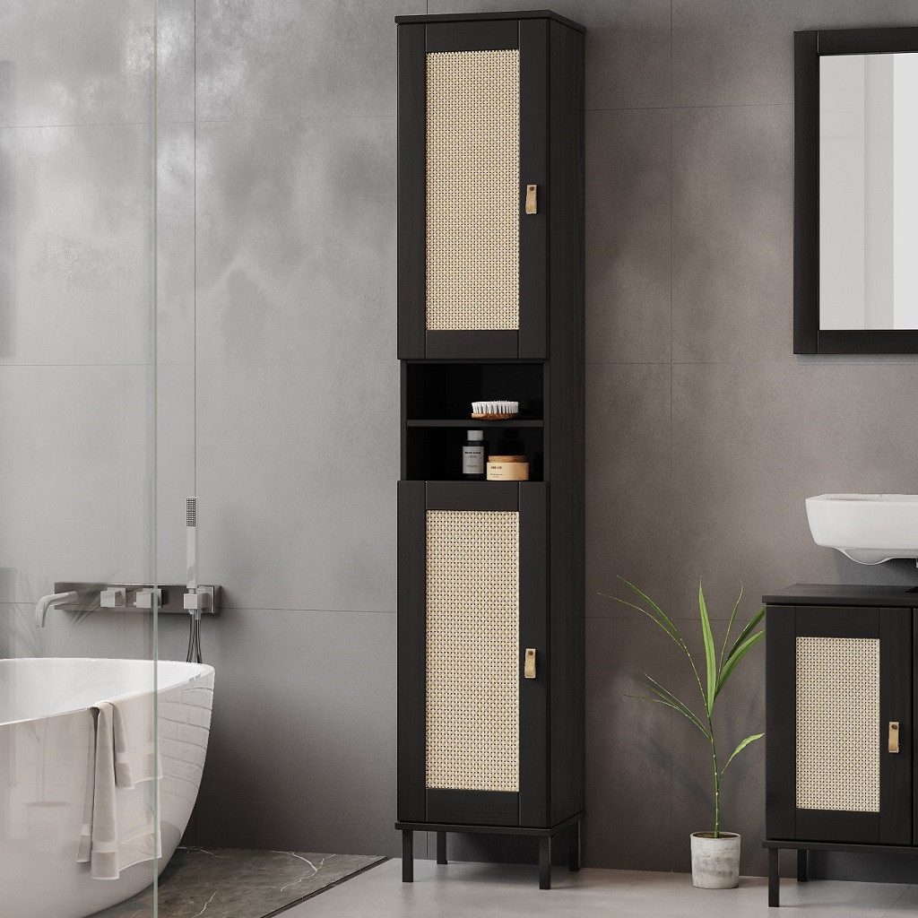 Main Möbel Hochschrank Badhochschrank 35x190cm 'Seattle' Kiefer massiv schwarz