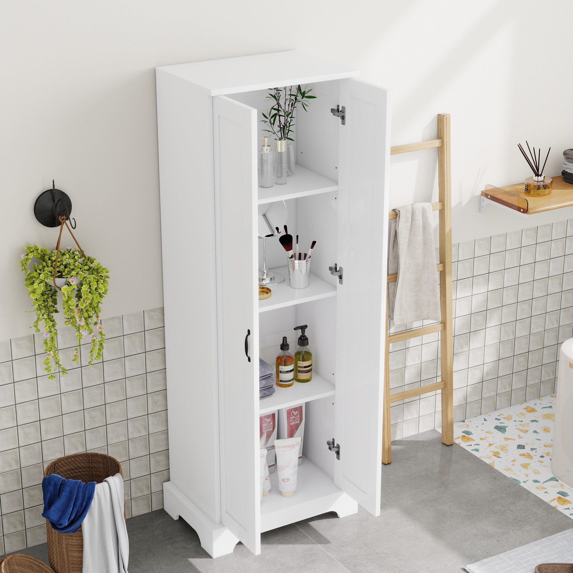 Flieks Badkommode Badezimmerschrank mit feuchtigkeitsbeständiger Lackierung (mit Doppeltüren und Soft-Close-Funktion, 1 St., 56x40x170 cm), Hochschrank mit 4 Ablageflächen und verstellbaren Einlegeböden Weiß