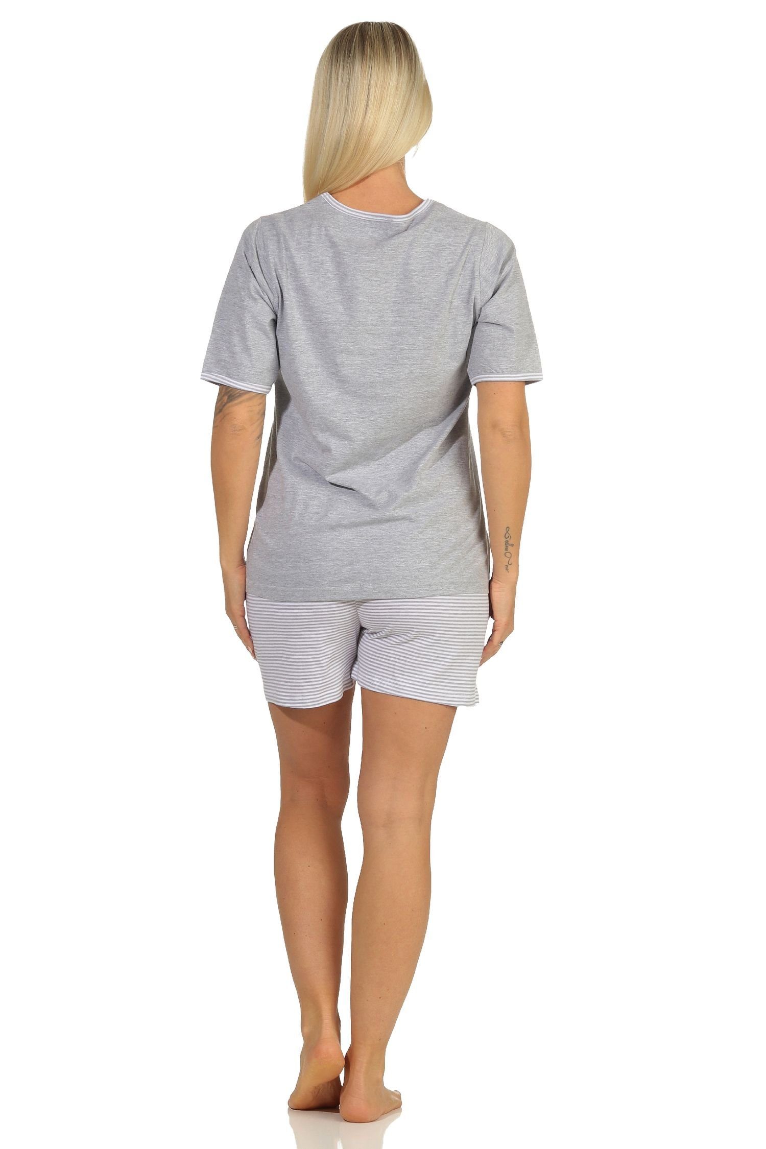 Normann Pyjama mit Hose, kurze Frontprint grau-melange Damen Shorty-Schlafanzug