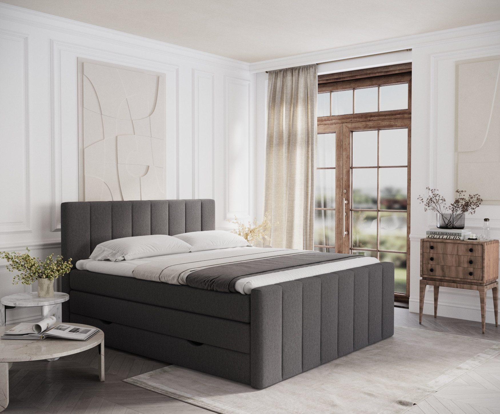 Maison de Rêve Boxspringbett Ruby (Komplettbett mit Matratzen, Kopfteil und Topper), Boxspringbett mit Stauraum, Webstoff