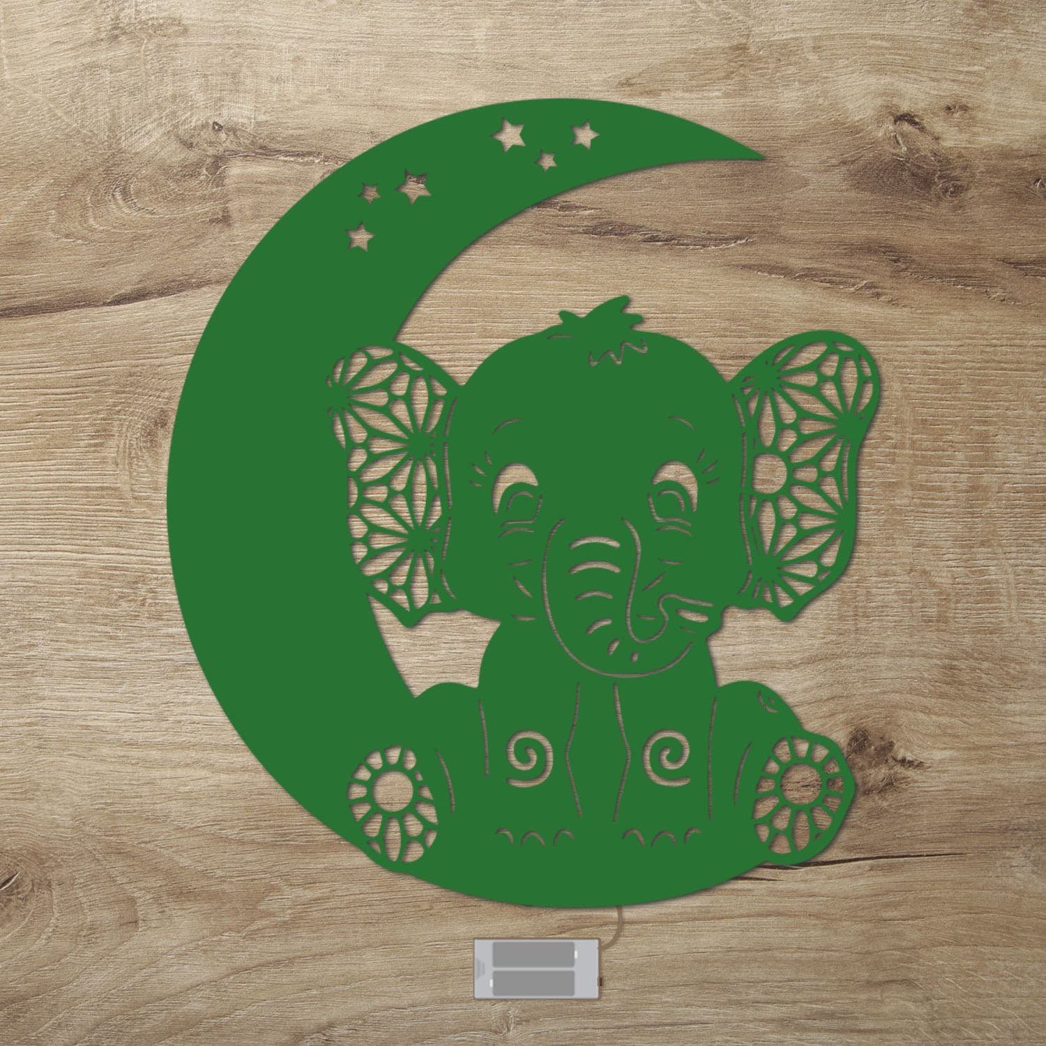 Namofactur LED Nachtlicht Elefant auf Mond - Schlaflicht mit Elefanten Motiv für Kleinkinder, Ohne Zugschalter, LED fest integriert, Warmweiß, Wanddekoobjekt Kinderzimmer Leuchte batteriebetrieben Grün
