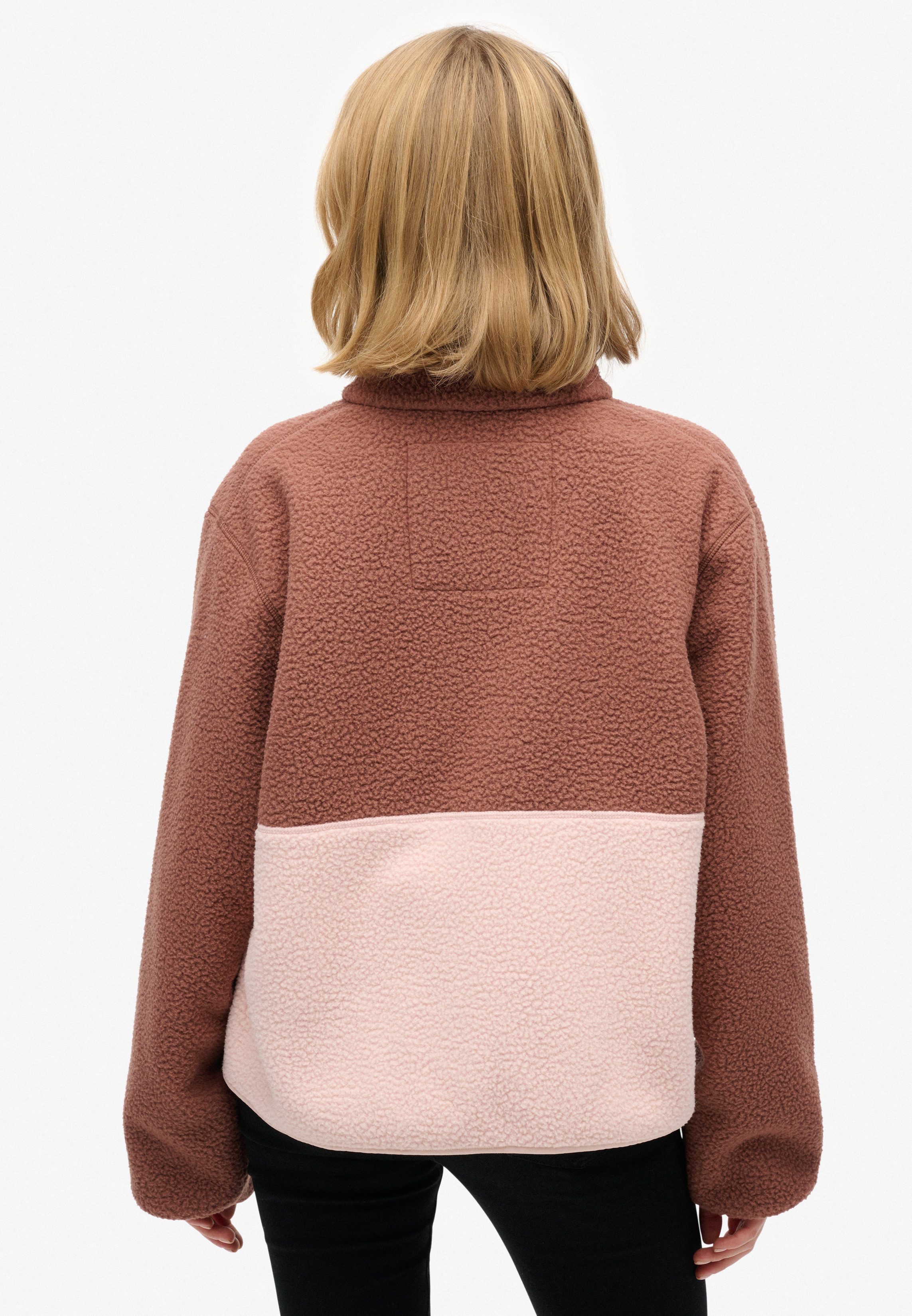 Superdry Fleecejacke COLOUR BLOCK FLEECE JACKET Kunstfaser, oversize, Colorblock, Superdry-Etikett an der Brusttasche