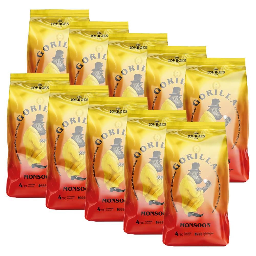 Gorilla Kaffee Joerges Monsoon 10x1kg Bohnen Arabica Kaffeebohnen, 10 x 1000 g, florale, leicht fruchtige und honigartige Noten