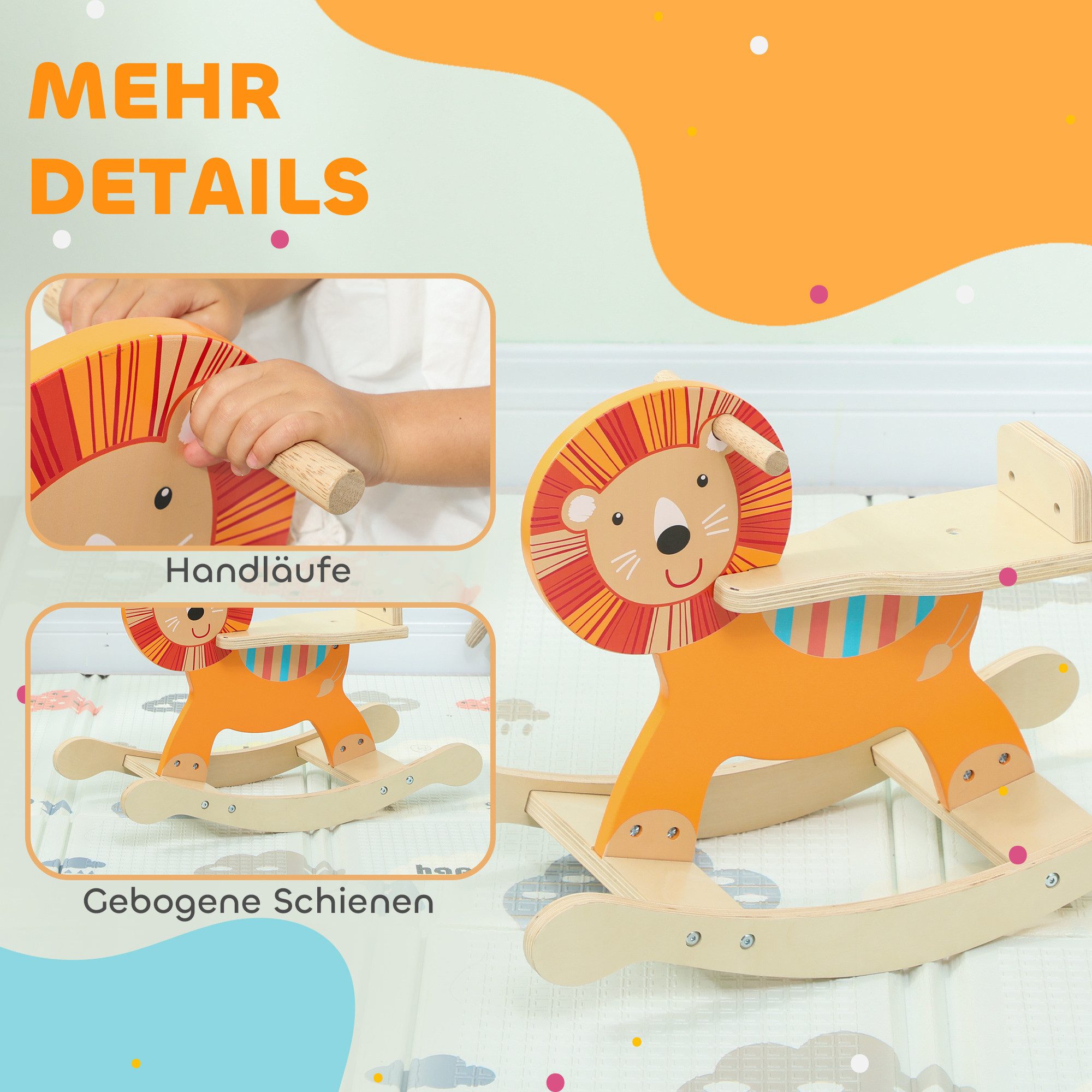AIYAPLAY Schaukeltier Schaukelpferd Holz mit Haltegriffen Esel, (1 tlg), für Kinderzimmer, Spielzimmer, Orange – Bild 5 von 5