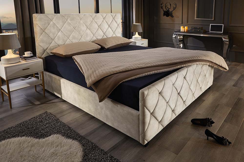 riess-ambiente Boxbett ELYSIUM 160x200cm champagner/beige – Samt, mit Bettkasten & Kopfteil (Einzelartikel, 1-St), Kingsize, Stauraum unter der Liegefläche, elegante Ziersteppung