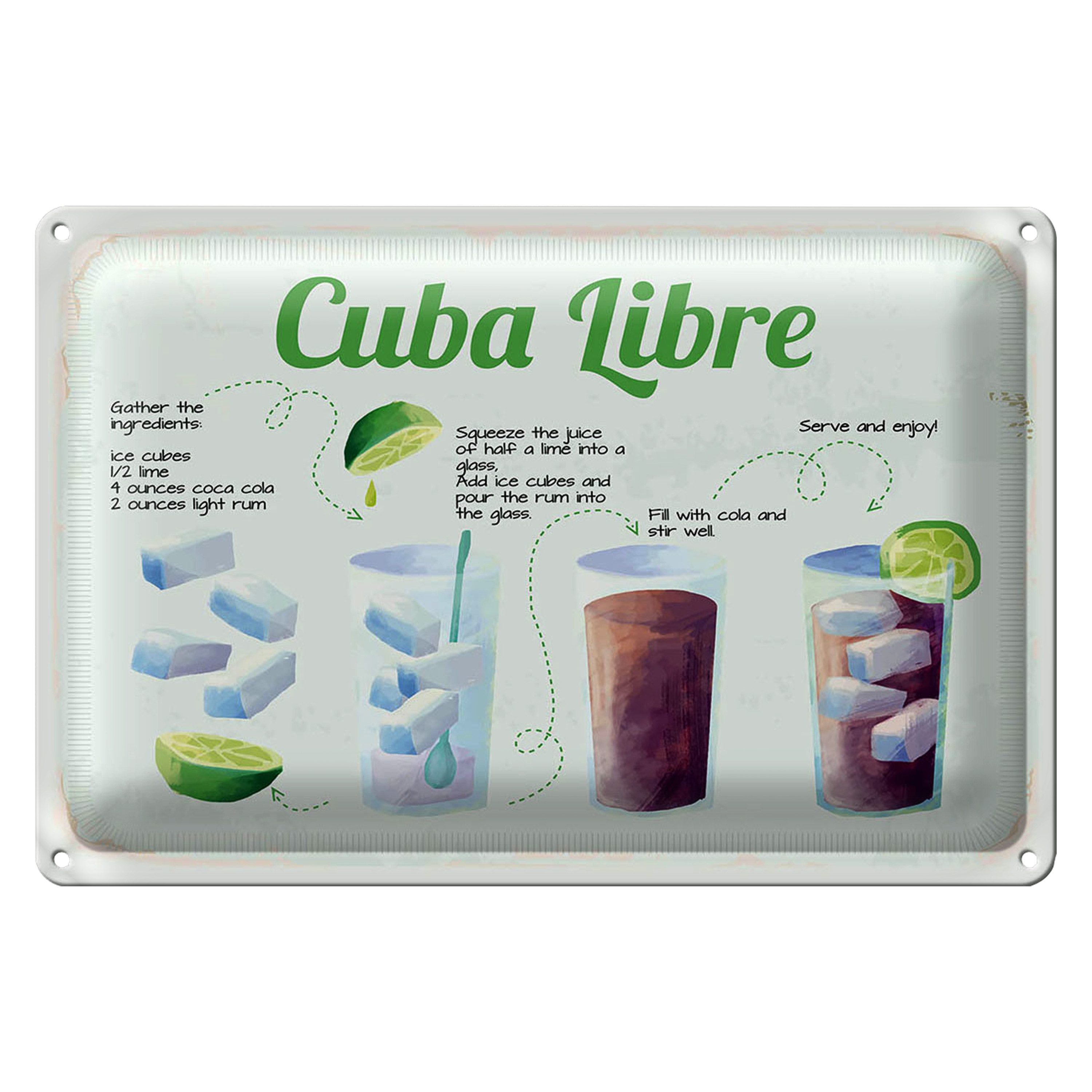 Roomando Metallschild Blechschild Rezept Cuba Libre Cocktail Recipe 30x20cm