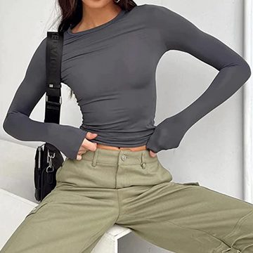 ZWY Tunika Langarmshirt Tunika Damen Basic T-Shirt Crop Top Y2K Slim