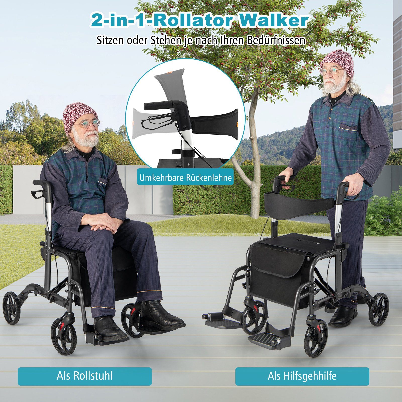 COSTWAY Gehstock, 6-fach höhenverstellbar, bis 136kg, mit Tasche & 2 Bremsen