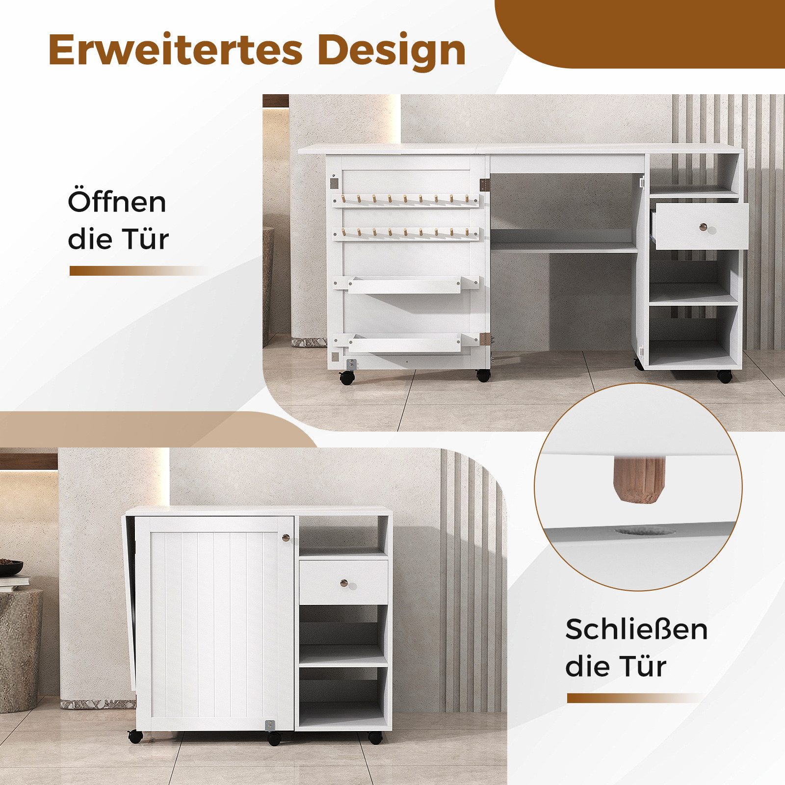 COSTWAY Schreibtisch, 2 in 1 Nähschrank klappbar, mit Ablage, auf Rollen