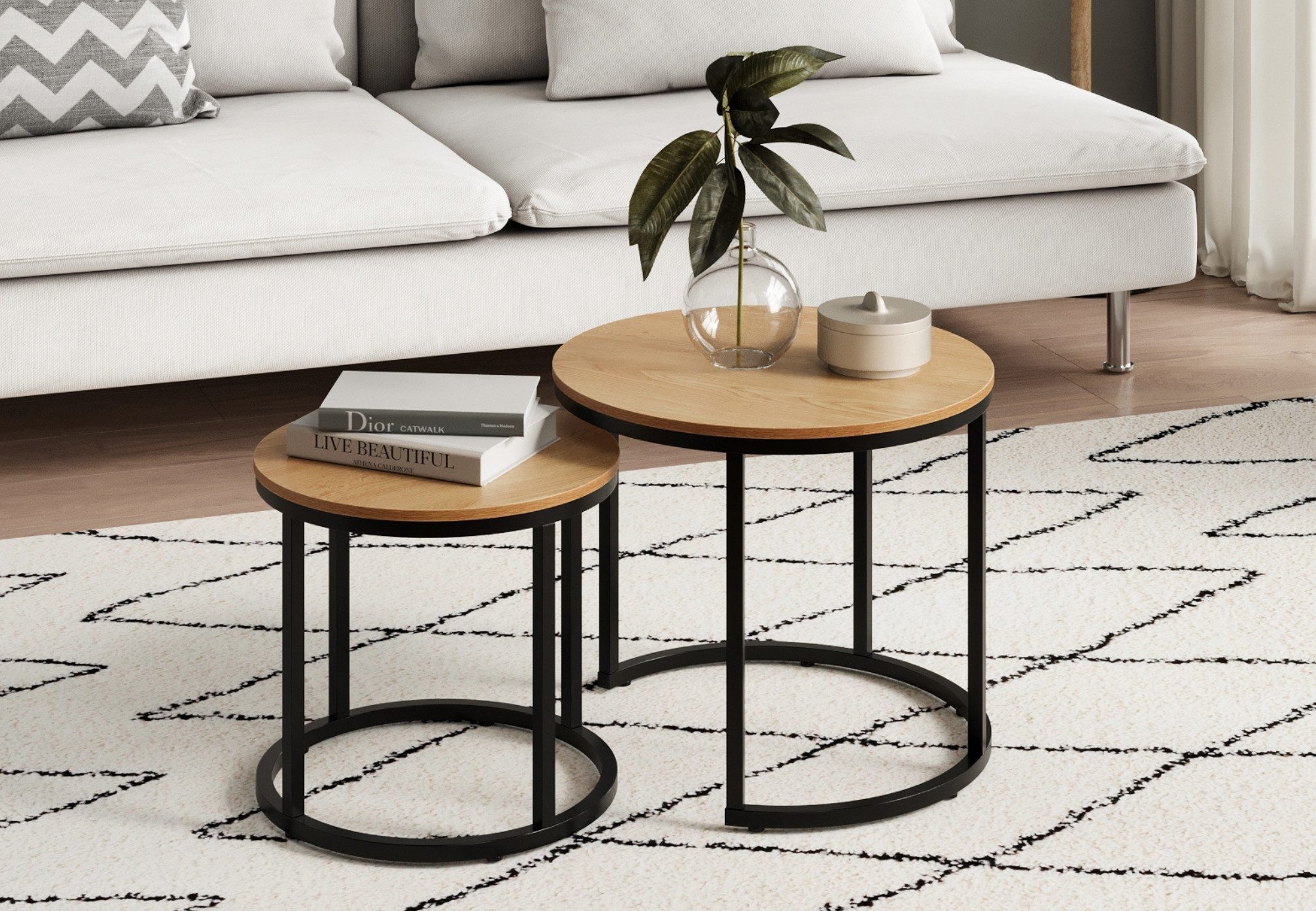 Home Collective Couchtisch 2er Set Beistelltisch Wohnzimmertisch modern rund und quadratisch (ideal als Büro Ablagetisch oder als Wohnzimmer Deko, Kleiner runder Tisch Set 2 in 1), hochwertiges Design mit Metallgestell, stabile Tischplatte, eiche hell