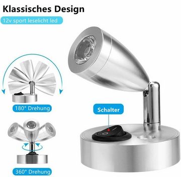 LETGOSPT Wandleuchte 2x 12V LED Leselampe Wandleuchte Mit Schalter 360° drehbar Licht, LED fest integriert, Warmweiß, Wandleuchte Aluminium mit Schalter, ür Wandscheinwerfer Nachttischlampe Motorhome Bootsbeleuchtung