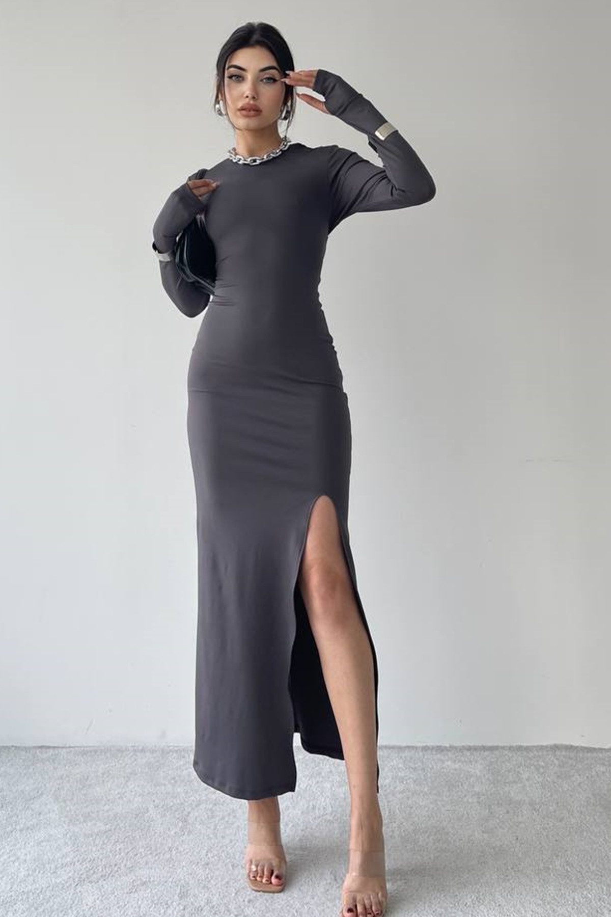 WOMAN VISION Abendkleid Langärmeliges Kleid mit Schlitz