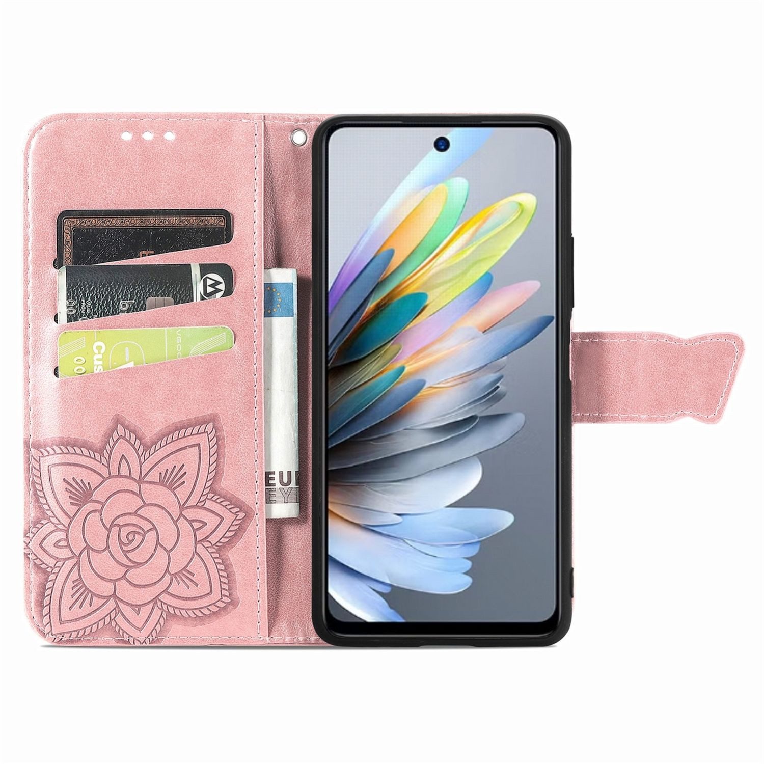 Wigento Smartphone-Hülle Für Motorola Moto G35 Kunstleder Schmetterling Handy Tasche Hülle Rosa, Kunst-Leder Schutzhülle Smart Case Cover magnetischer Verschluss