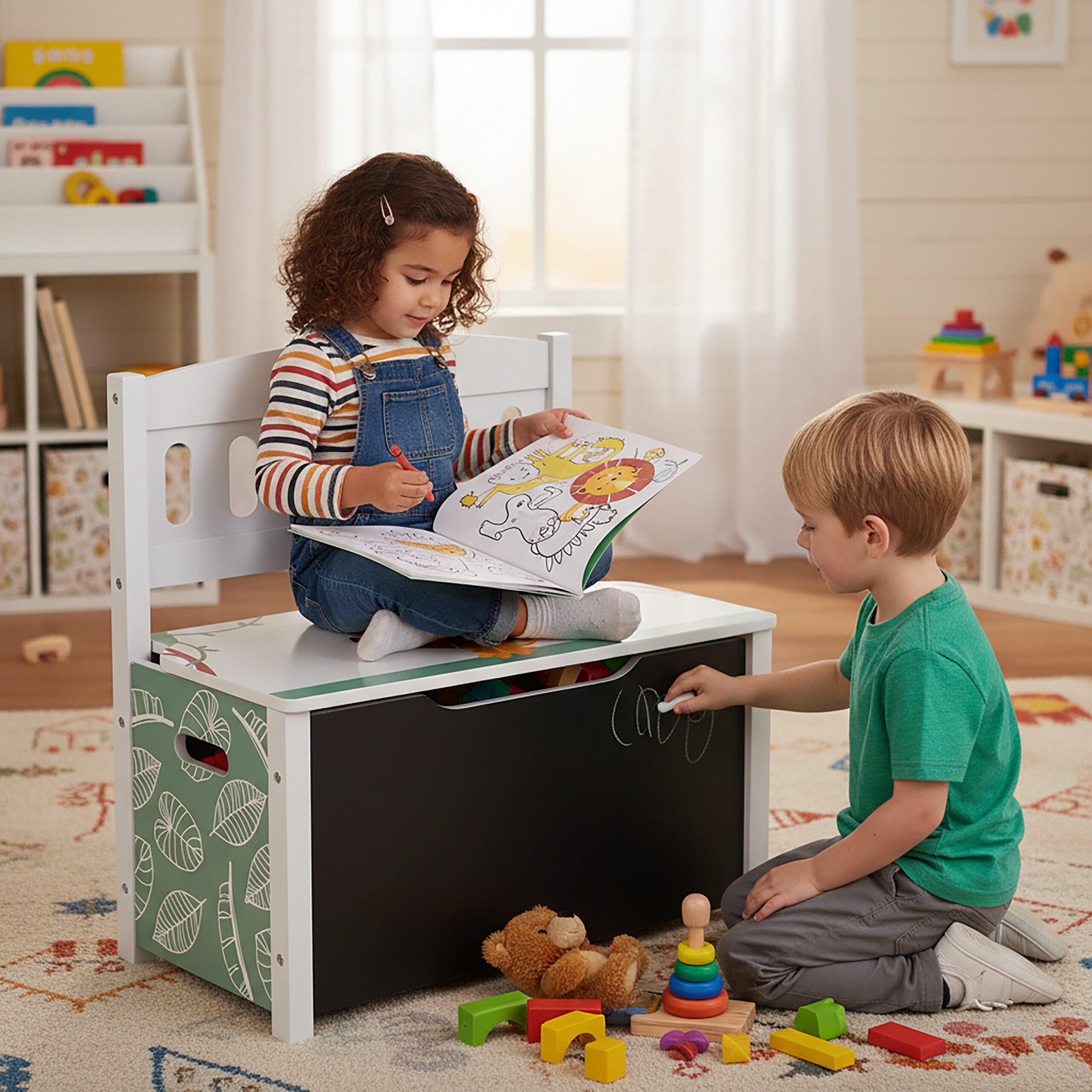 relaxdays Truhenbank Kinderbank mit Stauraum & Tafel