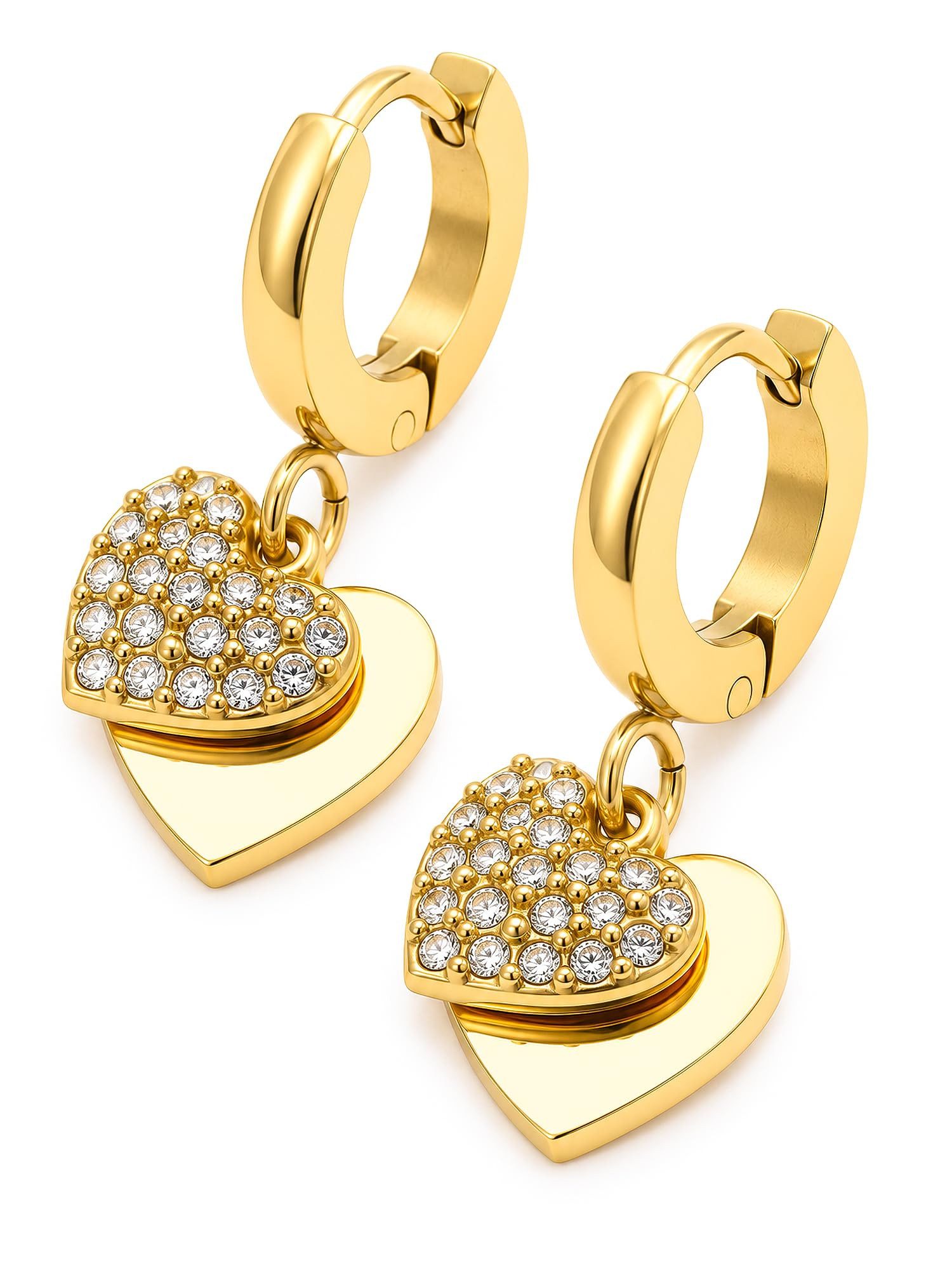 THIORA Klappcreolen Heartbeats (inkl. Schmuckbox), Bewegliche Doppelherzen mit Zirkonia, 21 mm Gesamthöhe