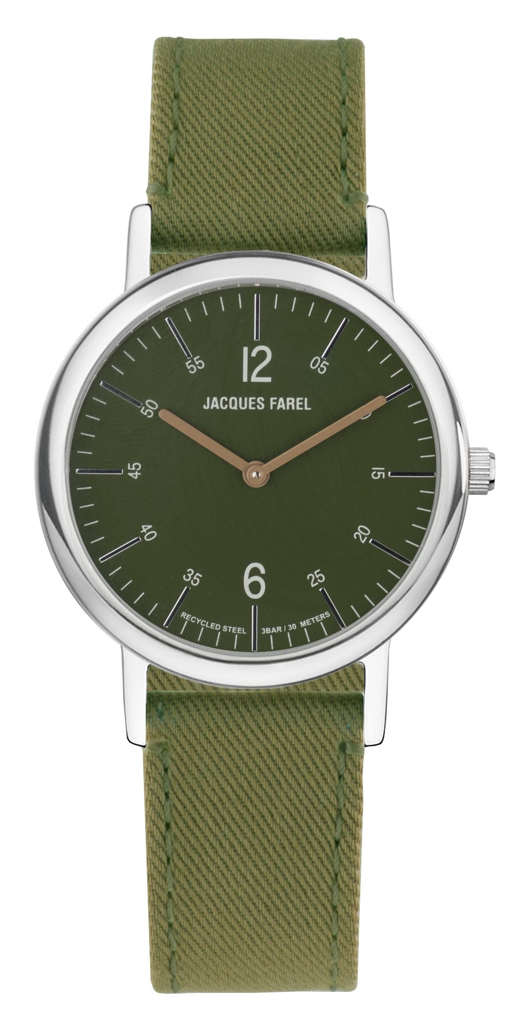Jacques Farel Quarzuhr ORS1177 nachhaltige Damen Armbanduhr Recycling-Stahlgehäuse Lyocellband 3 bar, Analog Grün Oliv Ökouhr ökologisch Geschenk Frauen Ø38 mm