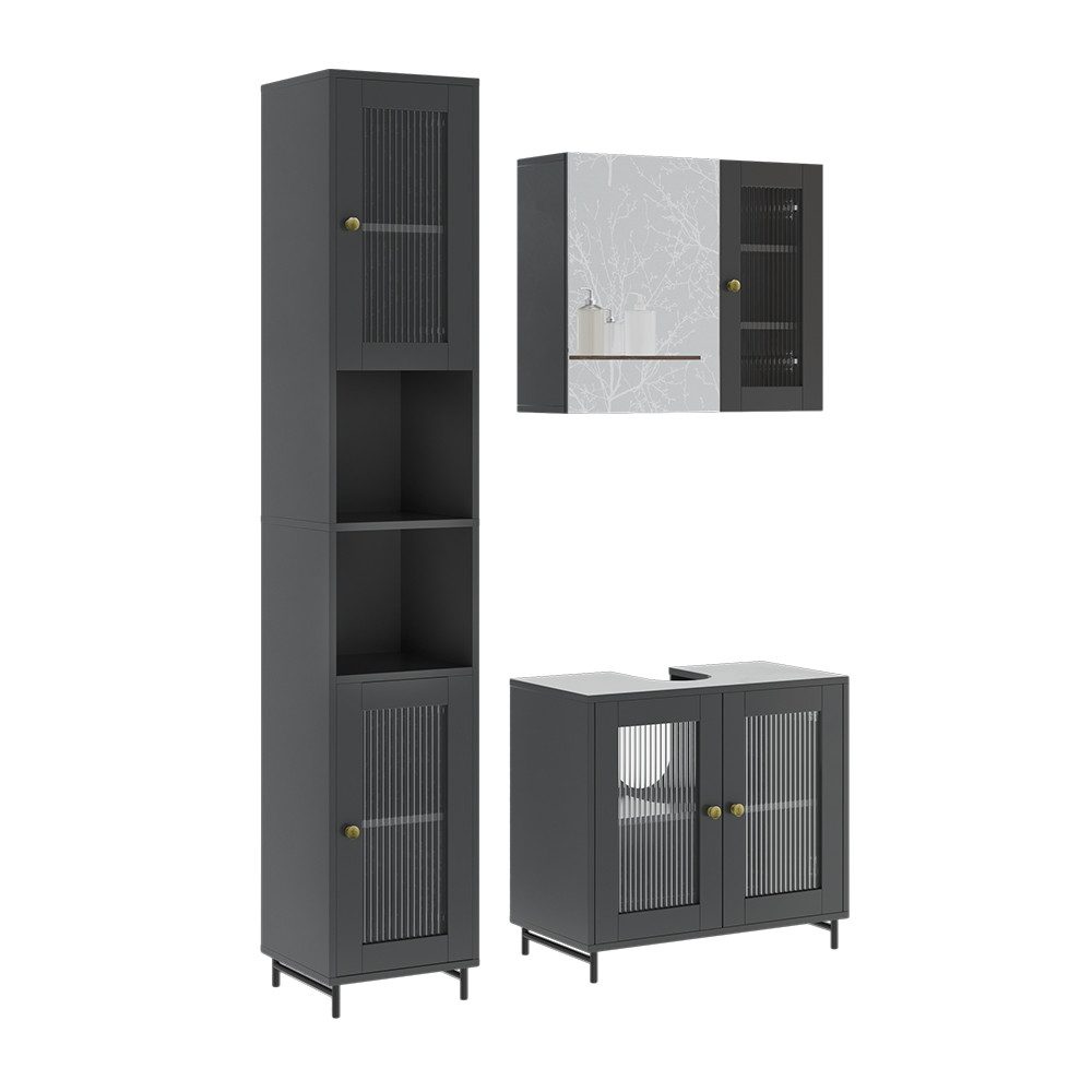 Badmöbel-Set Malte, Grau, 3 Teile mit Hochschrank