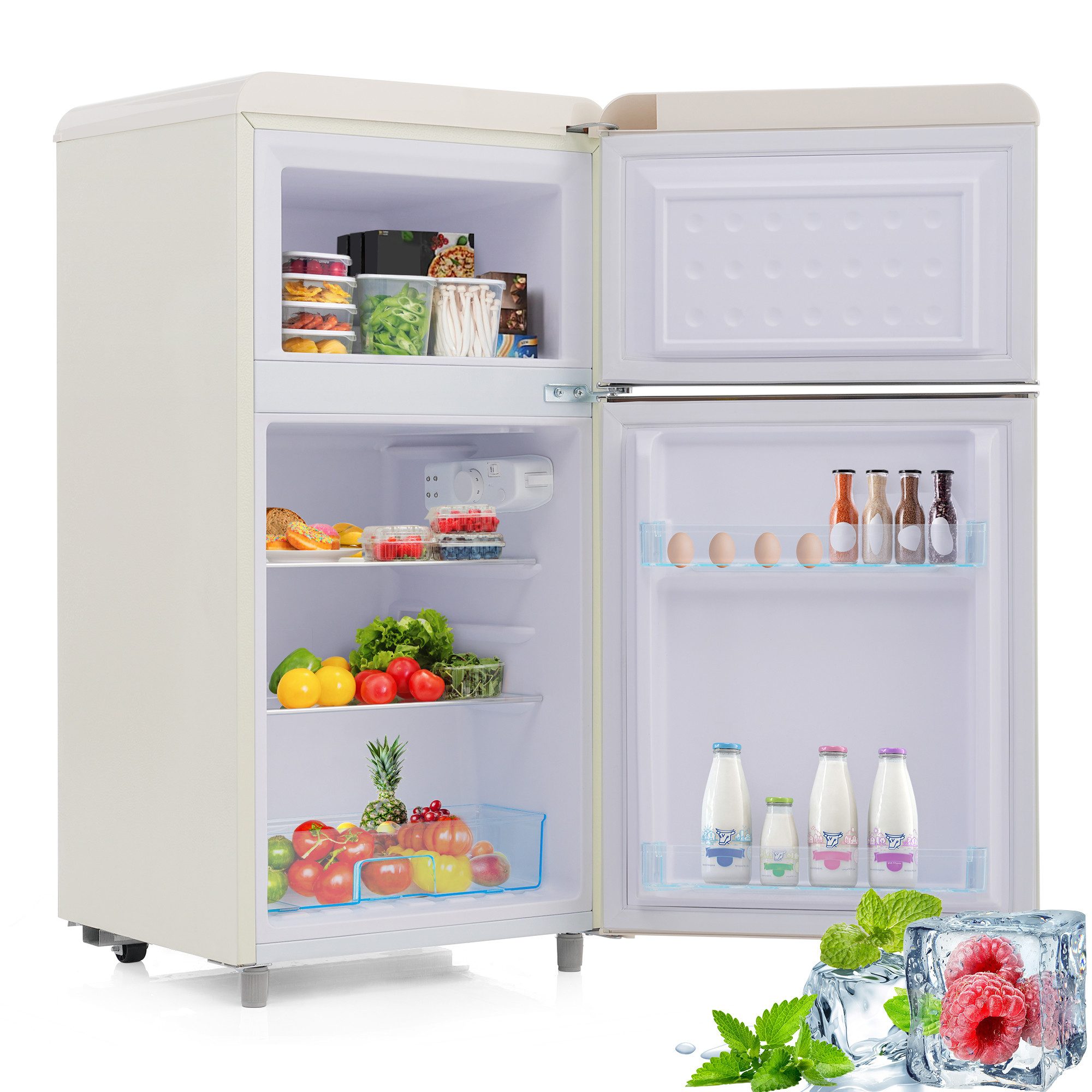 Blossom Kühl-/Gefrierkombination BCD-100C, 89 cm hoch, 45 cm breit, Retro Kühlschrank mit LED-Beleuchtung 21 L Gefrierfach Energieklasse E