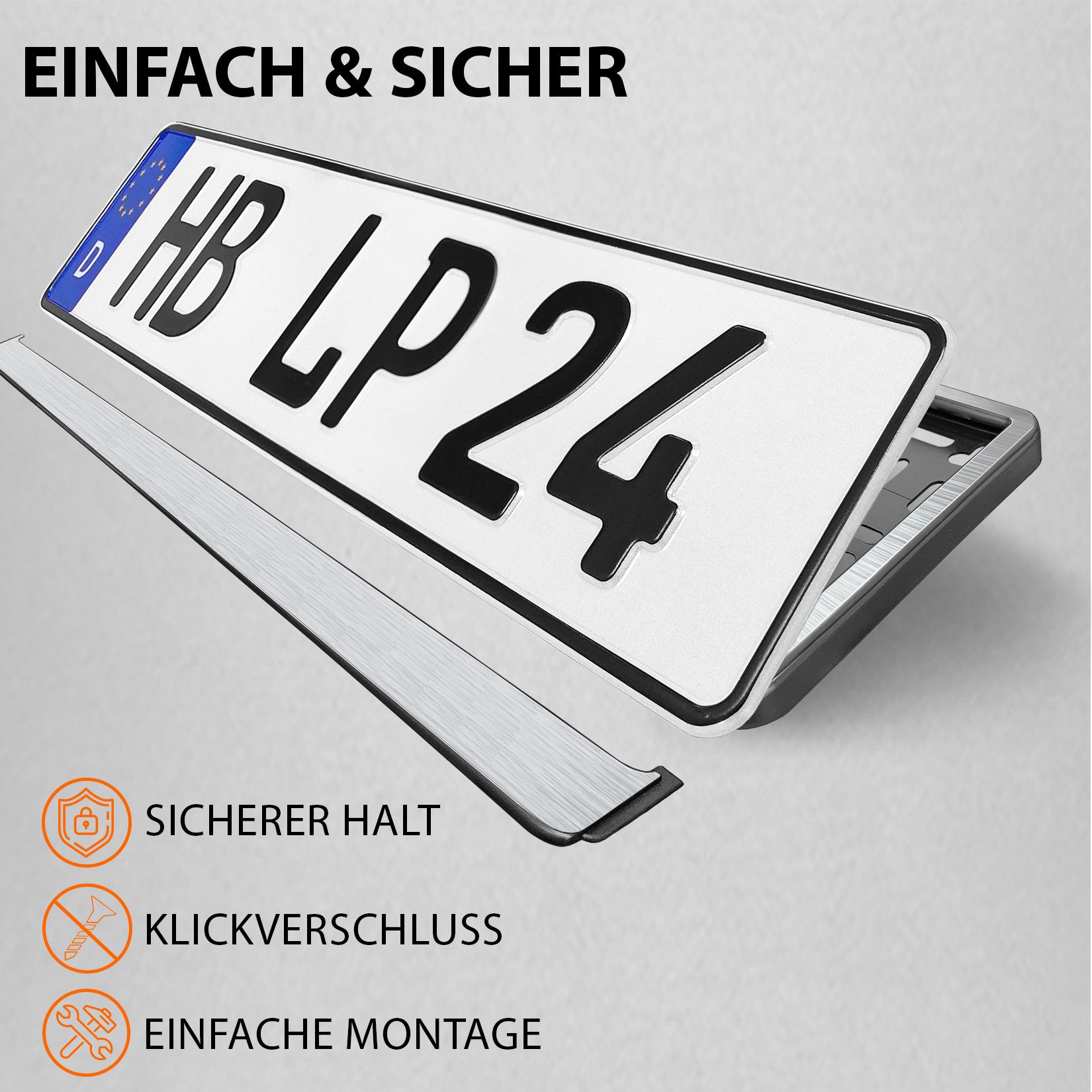 L & P Car Design Kennzeichenhalter Auto Chrom-gebürstet Kennzeichenhalterung Kennzeichen, (2 Stück) – Bild 5 von 5