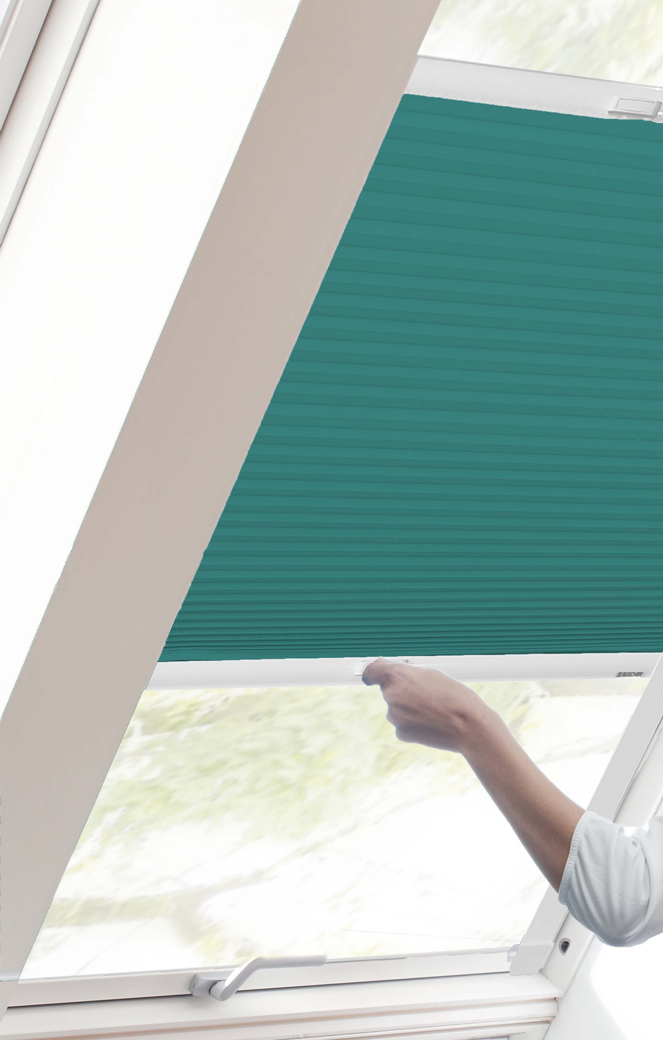 Dachfensterplissee StartUp Style Honeycomb verspannt, mit Führungsschienen petrol sunlines, verschraubt, TL, Lichtschutz