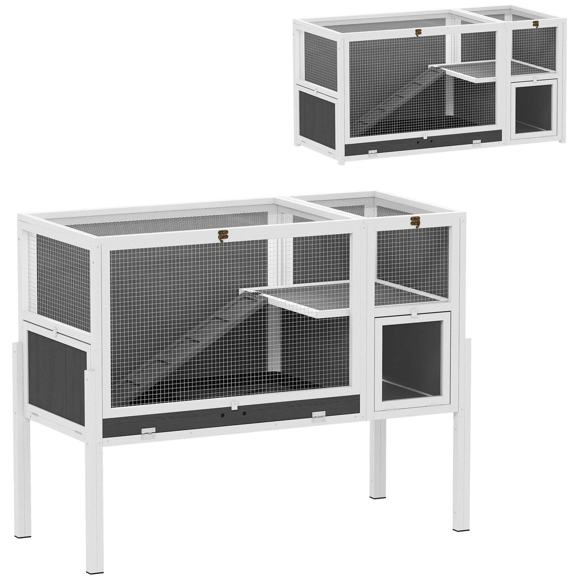 PawHut Kleintierstall Kaninchenstall aus Holz mit Rampe, Eingängen, Ruheraum, für Zwergkaninchen und Meerschweinchen, Grau