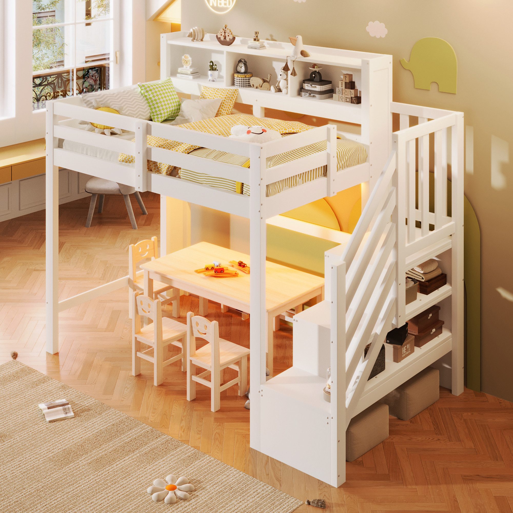 Merax Hochbett mit LED-Beleuchtung (1-St., Massivholz Jugendbett Einzelbett) Kinderbett 90x200cm mit Stauraumtreppe, Lagerregalen & Staufächern