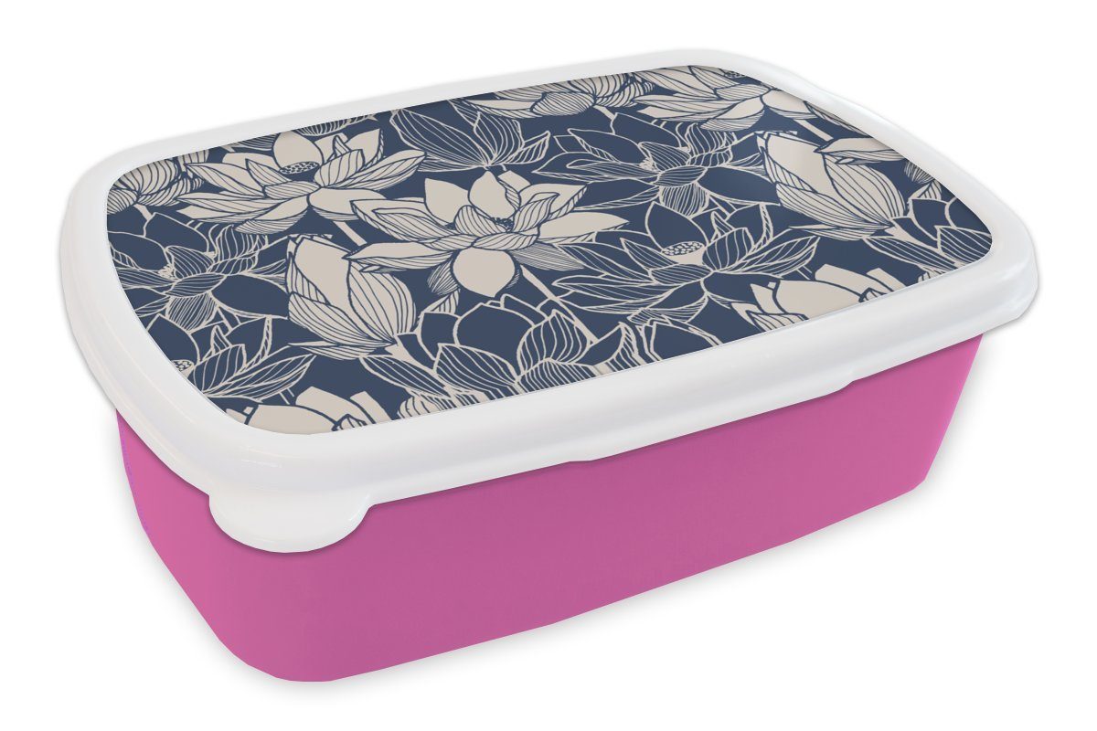 MuchoWow Lunchbox Lotus - Blau - Muster, Kunststoff, (2-tlg), Brotbox für Erwachsene, Brotdose Kinder, Snackbox, Mädchen, Kunststoff rosa