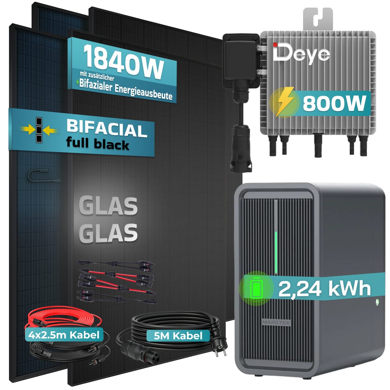 SUNNIVA Balkonkraftwerk 1840W Deye mit 2,24 kWh Speicher Marstek B2500-D, (BIFAZIAL FULLBLACK komplett Steckdose, PV Solaranlage Komplettset mit Solarspeicher,  – Bild 2 von 5