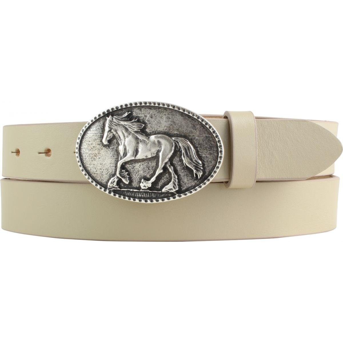 BELTINGER Ledergürtel Gürtel für Reiter mit Pferde-Gürtelschnalle aus Vollrindleder 3 cm - R Beige, Altsilber