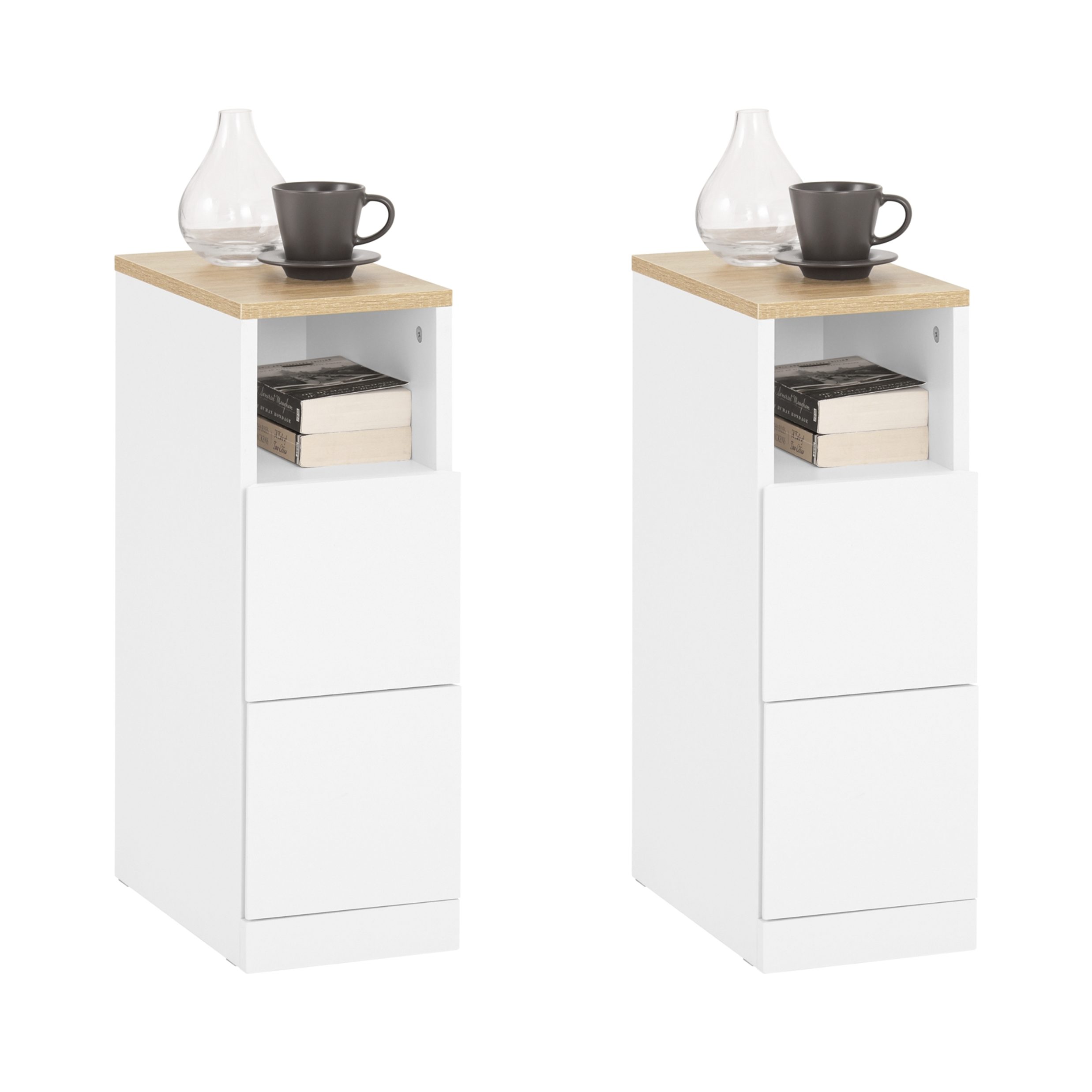SoBuy Nachttisch FBT149, Nachtschrank Beistelltisch Nachtkommode Couchtisch, Holz, Nachttisch schmal, mit 2 Schubladen und Ablage, 1er Set/2er Set, Weiß
