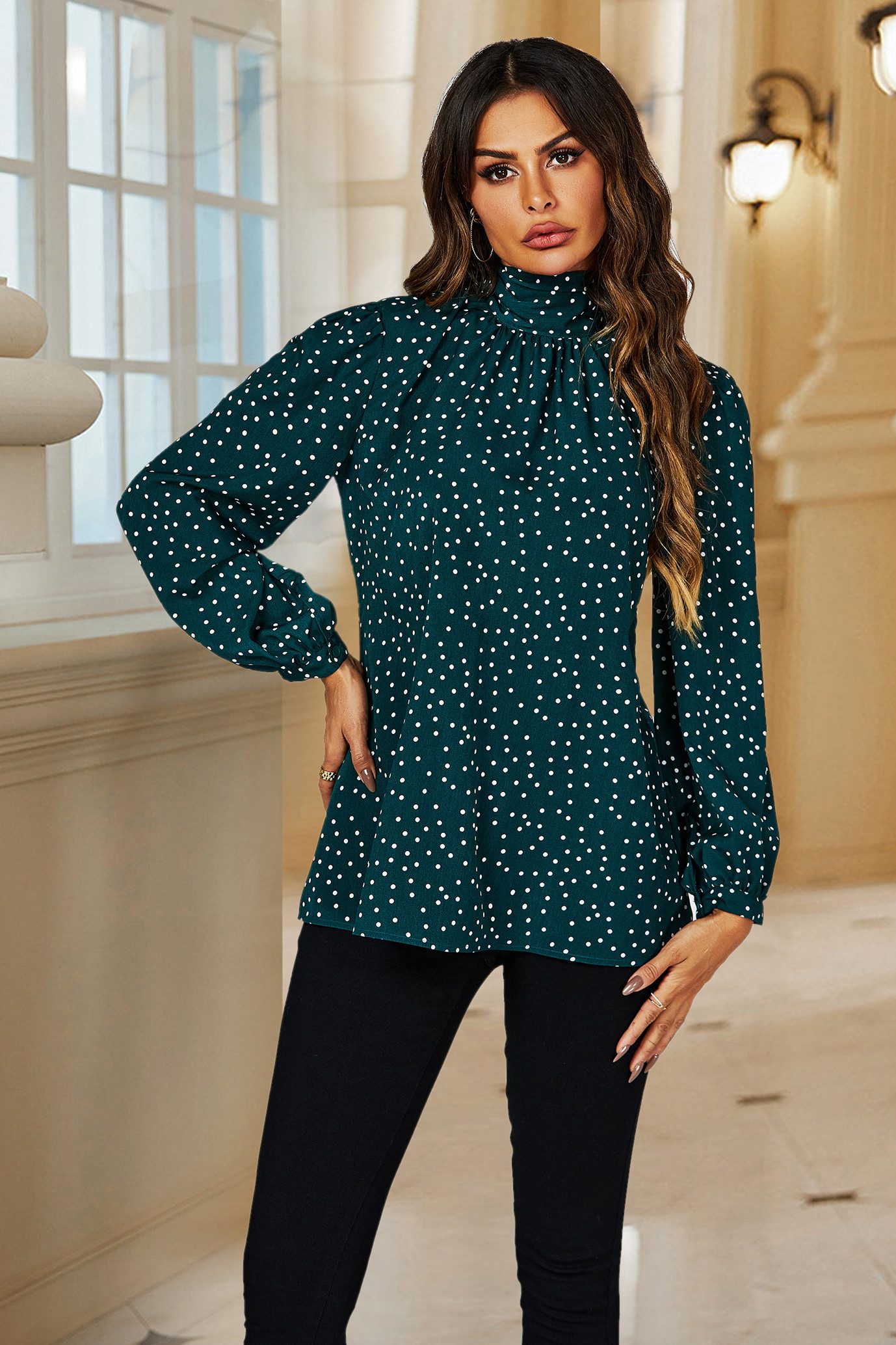 FS Collection Langarmbluse Damen Bluse mit Bindeband hinten und Polka-Dot-P günstig online kaufen